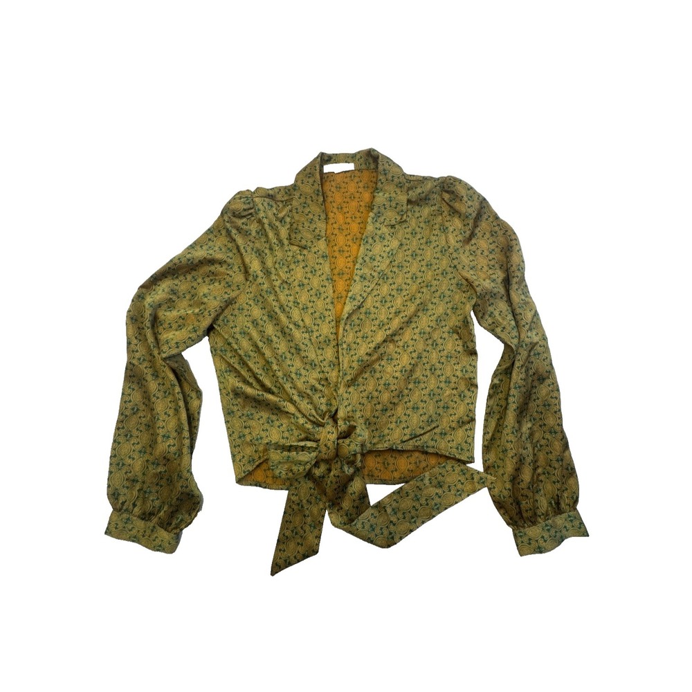 Honey Punch Green Gold Paisley Tie Front Wrap Blouse Long Sleeve Medium 7IT2481A